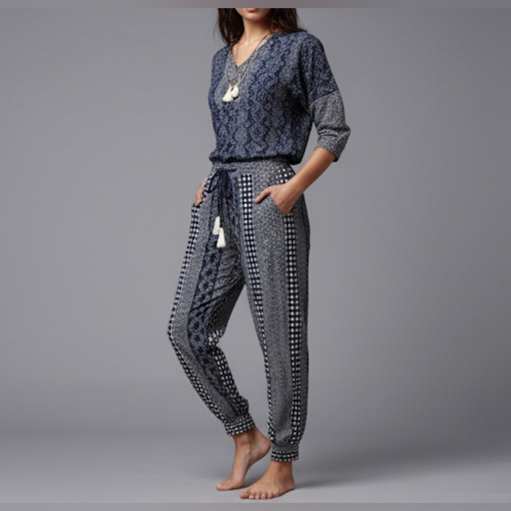 Boho Striped Print Pants With Pockets Navy Blue